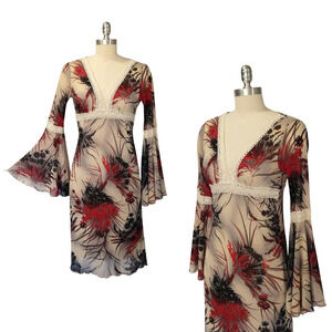 Vintage 90s does 70s Bell Sleeve Midi Dress Size S Prairie V Neck Floral Print